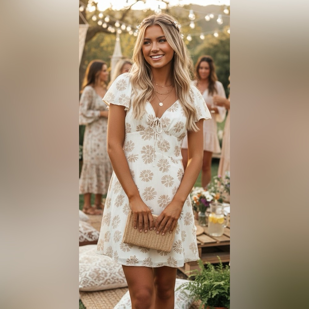 American Eagle Ivory Tan Summer Floral Corset Mini Dress L Cottagecore Bohemian - Picture 1 of 11